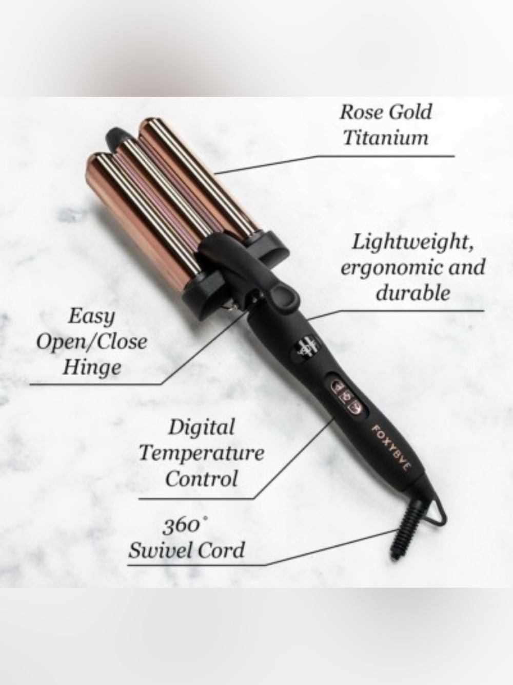 Foxybae Rose Gold Titanium Triple Barrel Hair Waver - Black